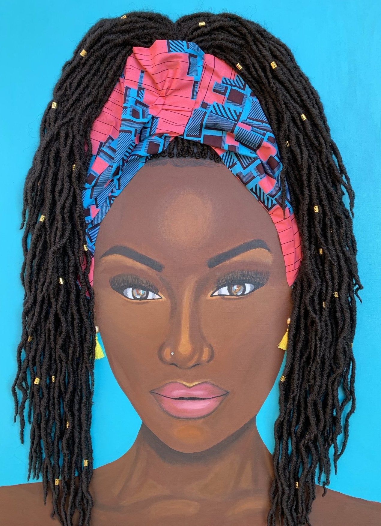 Mesmerized art print, woman with natural locks and blue and pink African headscarf, Black art