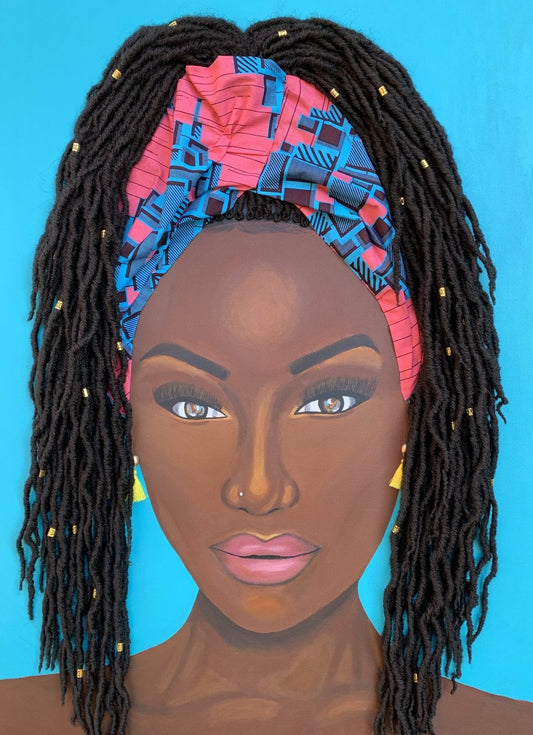Mesmerized art print, woman with natural locks and blue and pink African headscarf, Black art