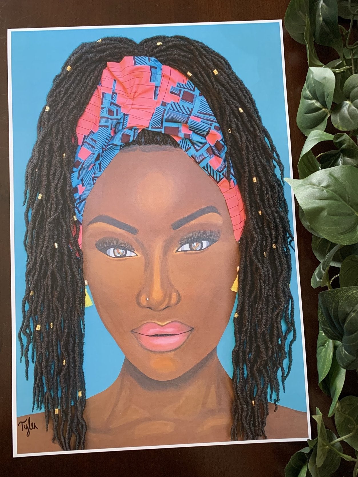 Mesmerized art print detail, natural locks and African headscarf close up, Black art