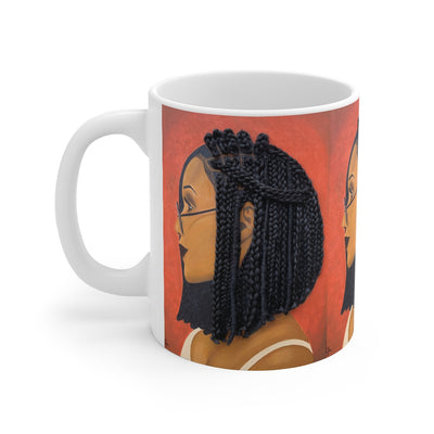 mug, cup, coffee mug, Tea cup, Harmony 3D Hair Art Orange background with asymmetrical box braids and glasses. Black art, 3D Hair art, natural hair art
