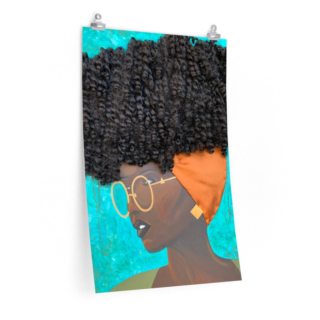 print, decor, home, art, Dreamer 3D Hair Art Blue background with curly hair and an orange head scarf with gold jewelry, and glasses. Black art, 3D Hair art, natural hair art