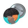 button, pin, art, Dreamer 3D Hair Art Blue background with curly hair and an orange head scarf with gold jewelry, and glasses. Black art, 3D Hair art, natural hair art