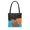 tote bag, hand bag, bag, purse, art, Dreamer 3D Hair Art Blue background with curly hair and an orange head scarf with gold jewelry, and glasses. Black art, 3D Hair art, natural hair art