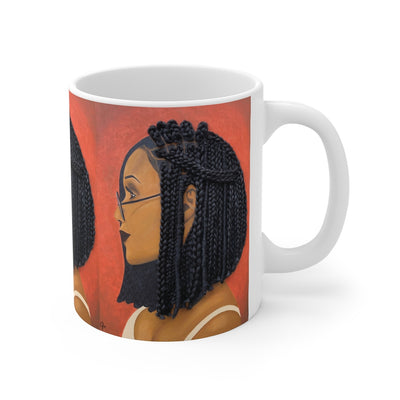mug, cup, coffee mug, Tea cup, Harmony 3D Hair Art Orange background with asymmetrical box braids and glasses. Black art, 3D Hair art, natural hair art
