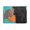 pouch, bag, makeup bag, pencil bag, wallet, purse, art, Dreamer 3D Hair Art Blue background with curly hair and an orange head scarf with gold jewelry, and glasses. Black art, 3D Hair art, natural hair art