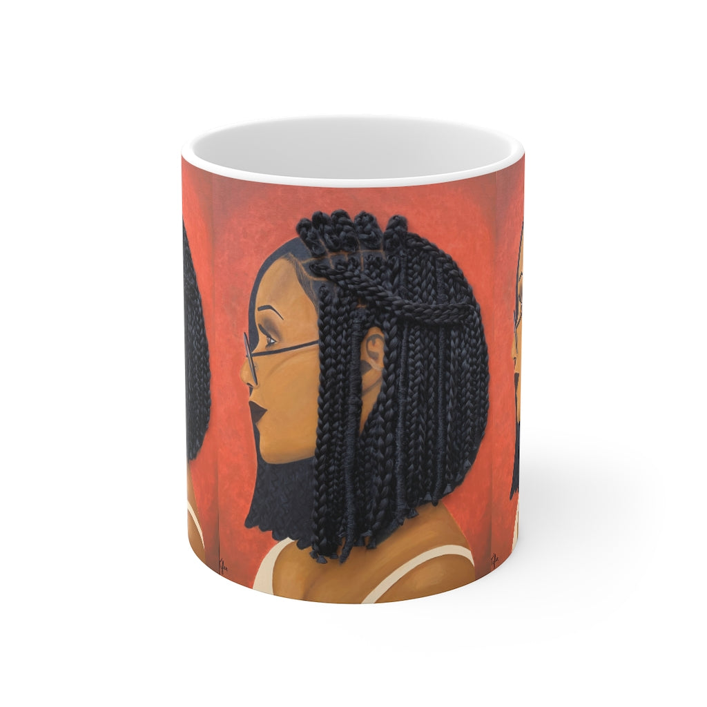 mug, cup, coffee mug, Tea cup, Harmony 3D Hair Art Orange background with asymmetrical box braids and glasses. Black art, 3D Hair art, natural hair art