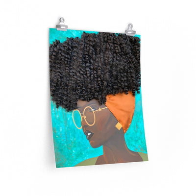 print, decor, home, art, Dreamer 3D Hair Art Blue background with curly hair and an orange head scarf with gold jewelry, and glasses. Black art, 3D Hair art, natural hair art
