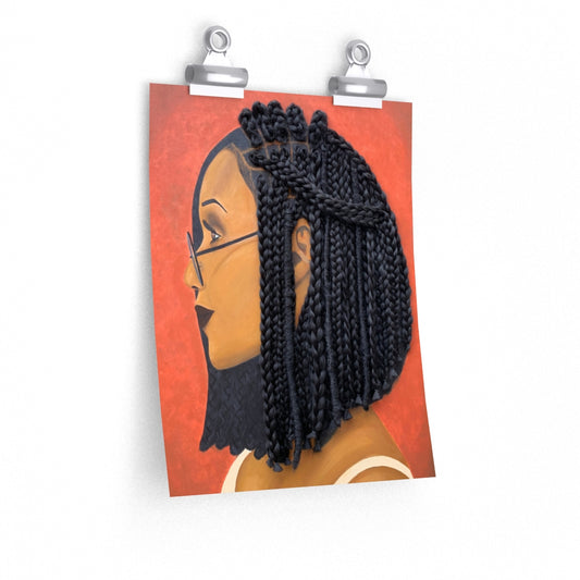 Print, decor, home Harmony 3D Hair Art Orange background with asymmetrical box braids and glasses. Black art, 3D Hair art, natural hair art